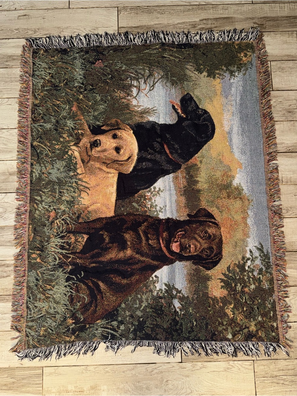 Woven Throw Blanket with Labrador Dog Scene - Brown & Green